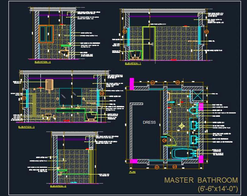 Master Bath Design DWG 6'-6x14' with Elevations and Details